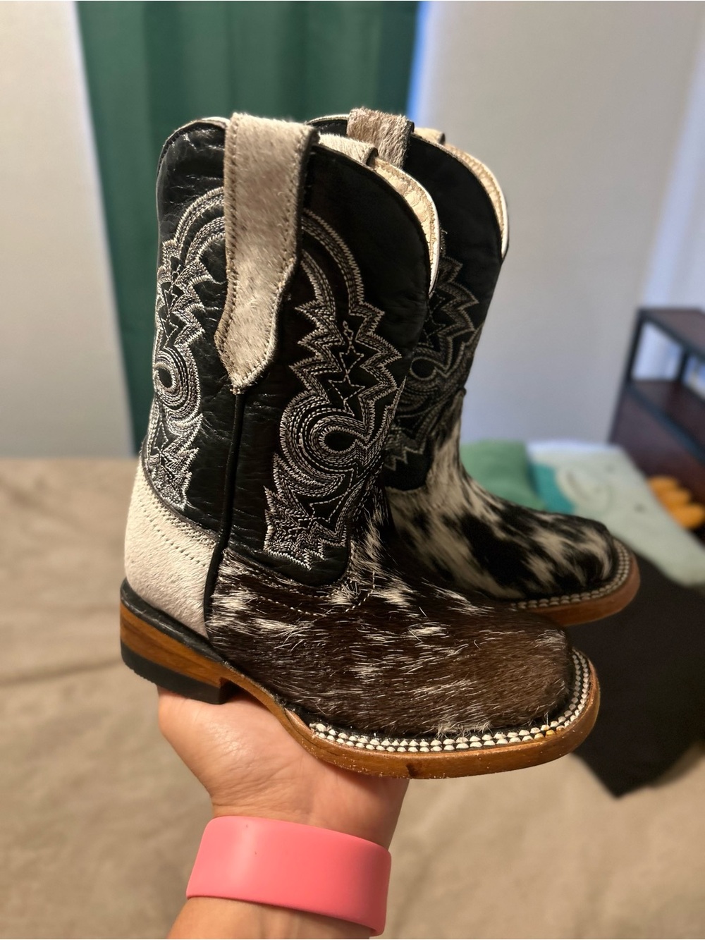 Kids Black and White Western Hair-on Leather Cowboy Boots